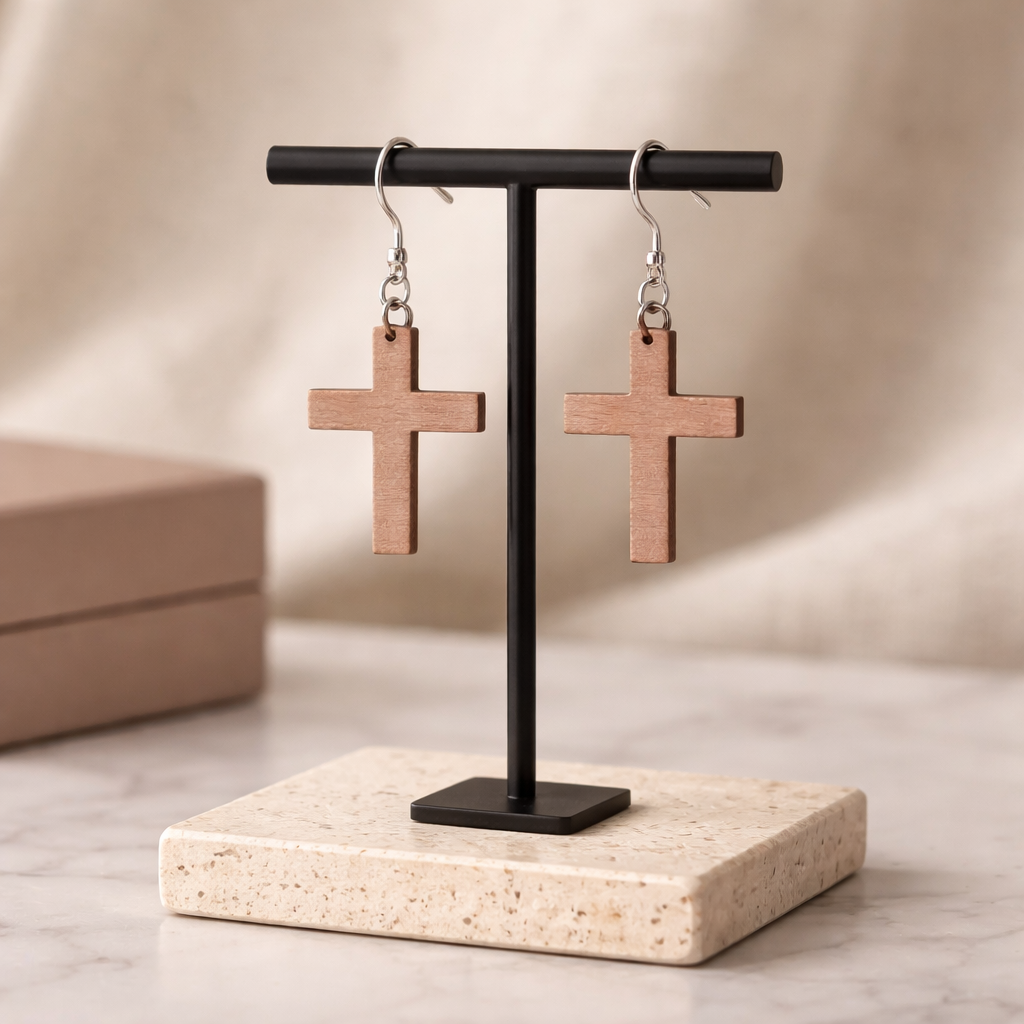 Walnut Veneer Earrings – Laser‑Cut Cross Design, Wooden Dangle Pair