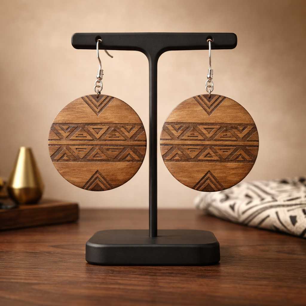 Walnut Veneer Earrings – Geometric African Pattern, Round Wooden Dangles
