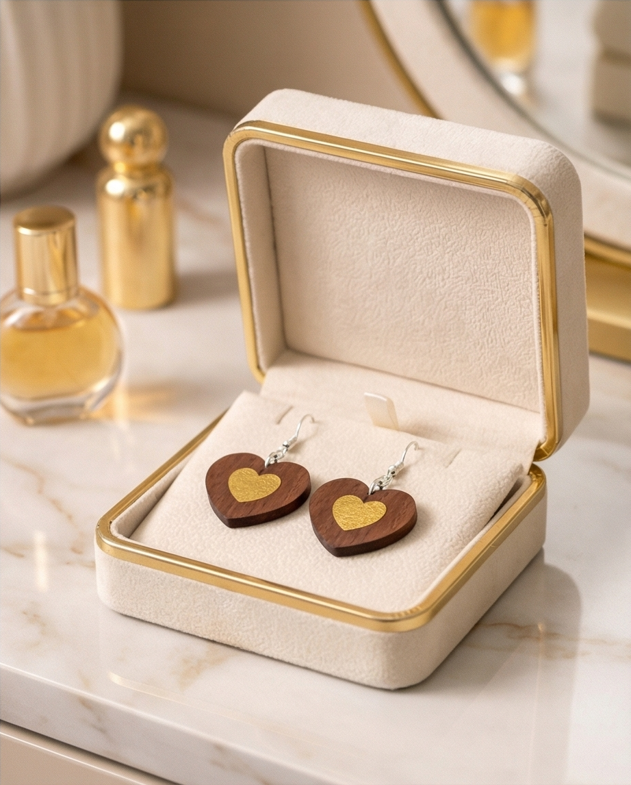 Walnut Veneer Earrings – Engraved Inner Heart Design, Heart‑Shaped Wooden Dangles