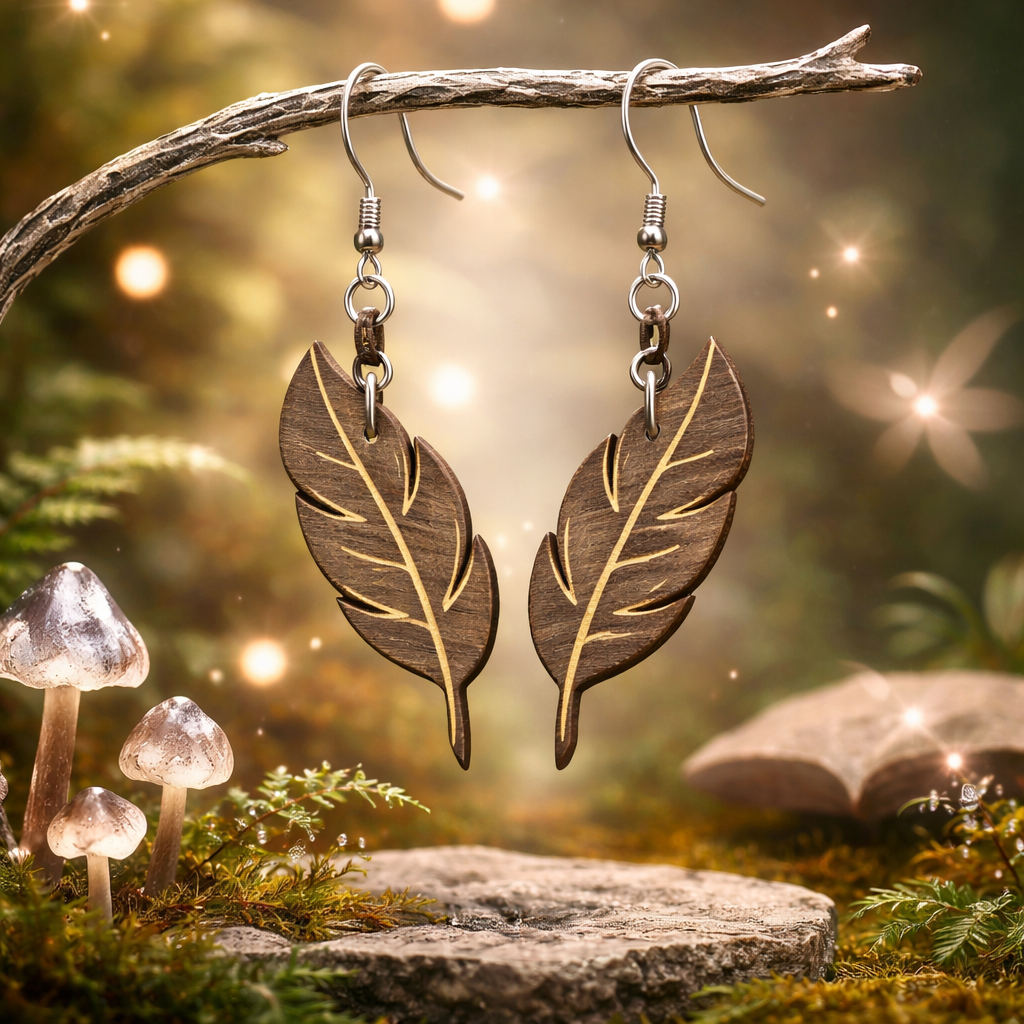Walnut Veneer Earrings – Engraved Feather Wooden Dangles
