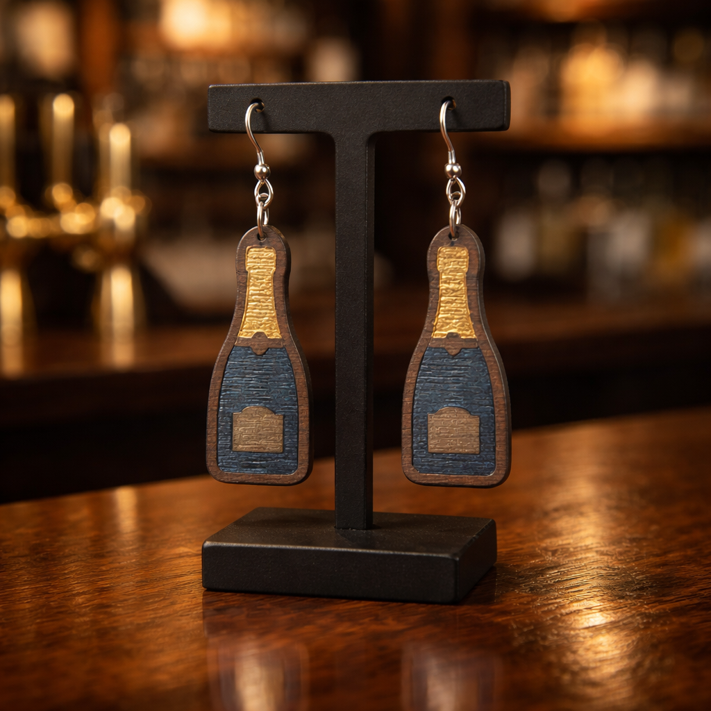 Walnut Veneer Earrings – Champagne Bottle Design, Wooden Dangles