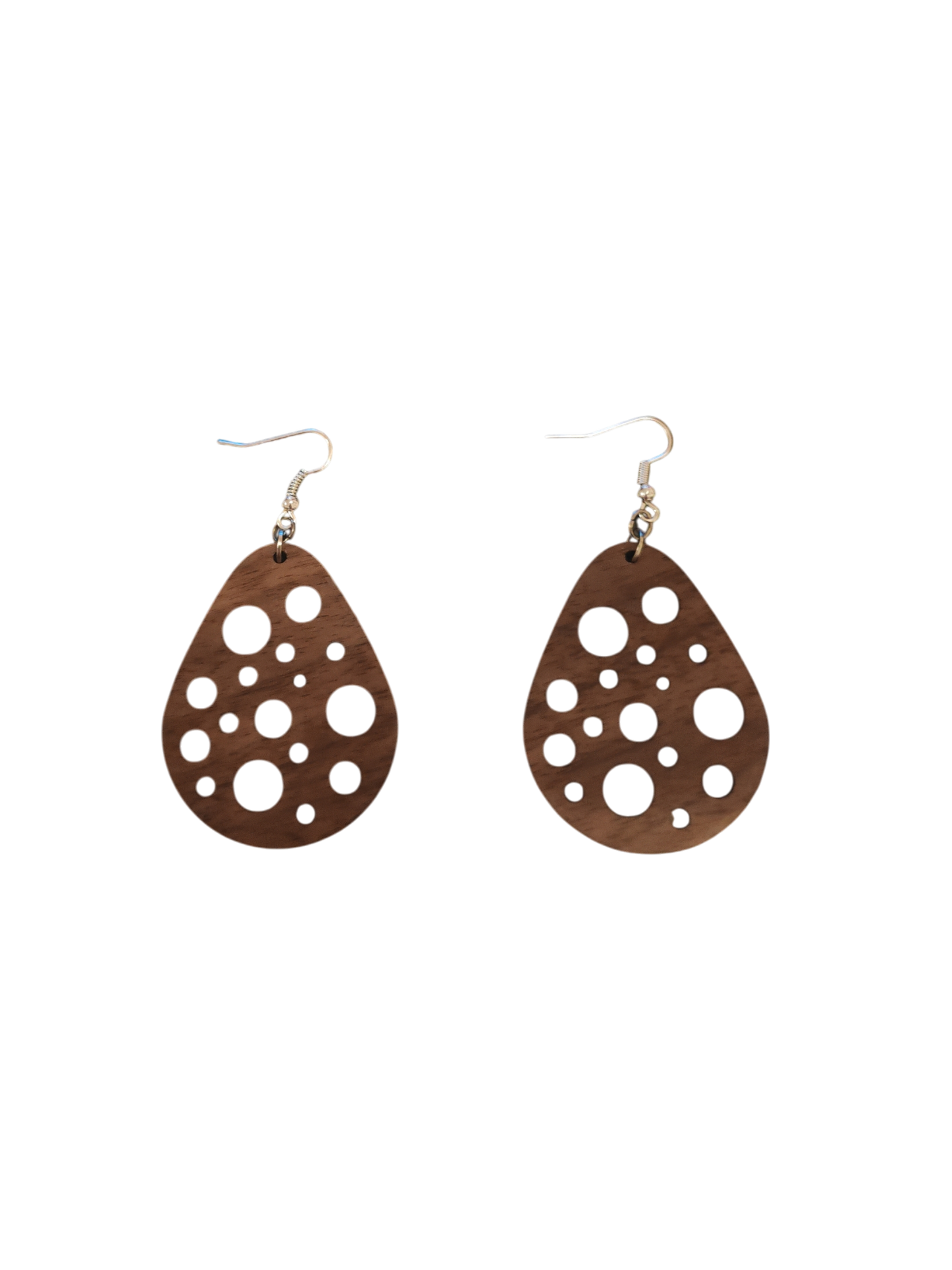 Bubble Cutout Teardrop Earrings — Laser‑Cut Walnut Veneer, Lightweight Modern Design