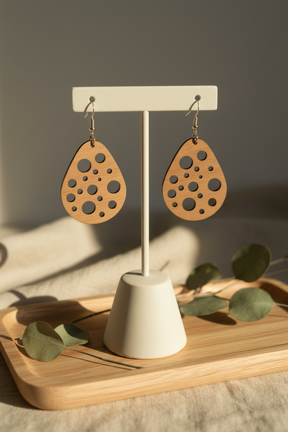 Bubble Cutout Teardrop Earrings — Laser‑Cut Walnut Veneer, Lightweight Modern Design