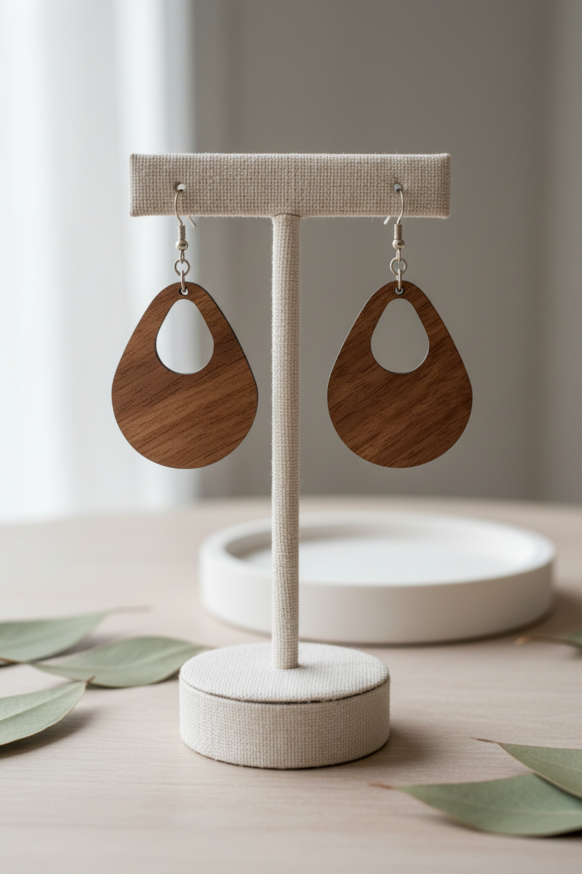 Teardrop Cutout Earrings — Laser‑Cut Walnut Veneer, Lightweight Minimal Design