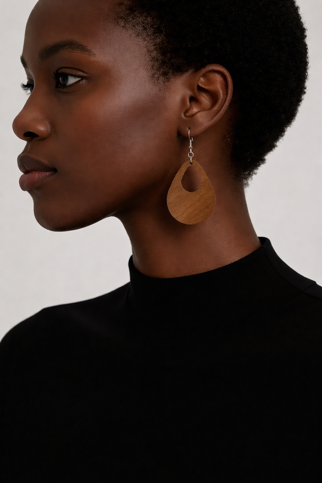 Teardrop Cutout Earrings — Laser‑Cut Walnut Veneer, Lightweight Minimal Design