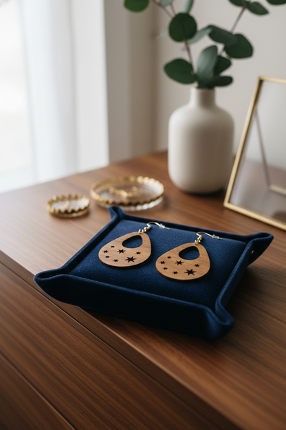 Star‑Cut Teardrop Earrings — Open‑Centre Walnut Veneer with Celestial Laser‑Cut Details