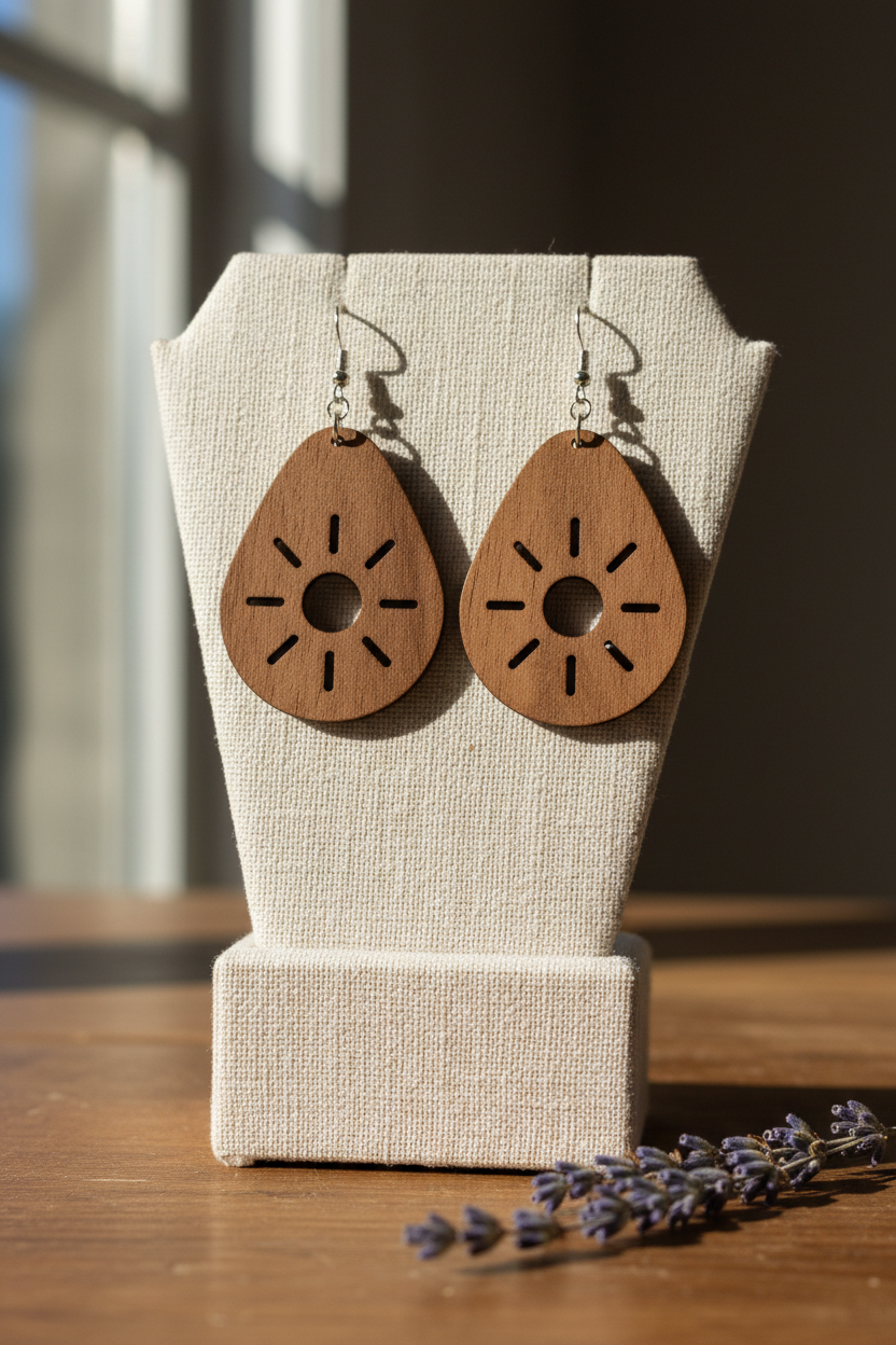 Sunburst Teardrop Earrings — Laser‑Cut Walnut Veneer, Lightweight Nature‑Inspired Design
