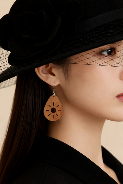 Sunburst Teardrop Earrings — Laser‑Cut Walnut Veneer, Lightweight Nature‑Inspired Design