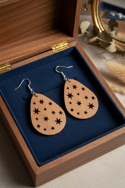 Walnut Veneer Teardrop Earrings with Star Cutouts • Boho Wooden Drop Earrings • Lightweight Walnut Star Dangle Jewellery