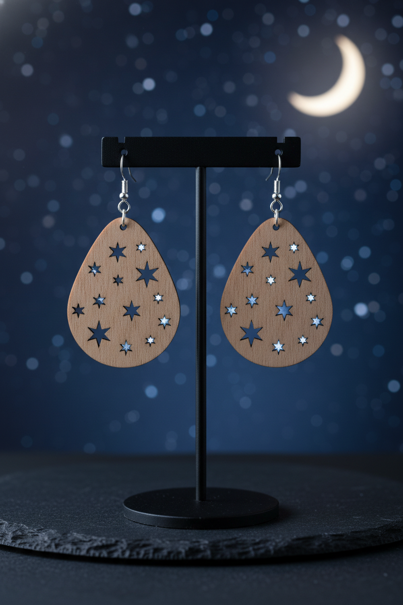Walnut Veneer Teardrop Earrings with Star Cutouts • Boho Wooden Drop Earrings • Lightweight Walnut Star Dangle Jewellery