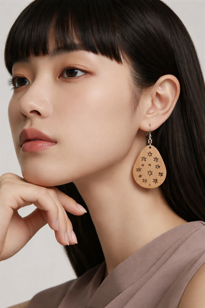 Walnut Veneer Teardrop Earrings with Star Cutouts • Boho Wooden Drop Earrings • Lightweight Walnut Star Dangle Jewellery