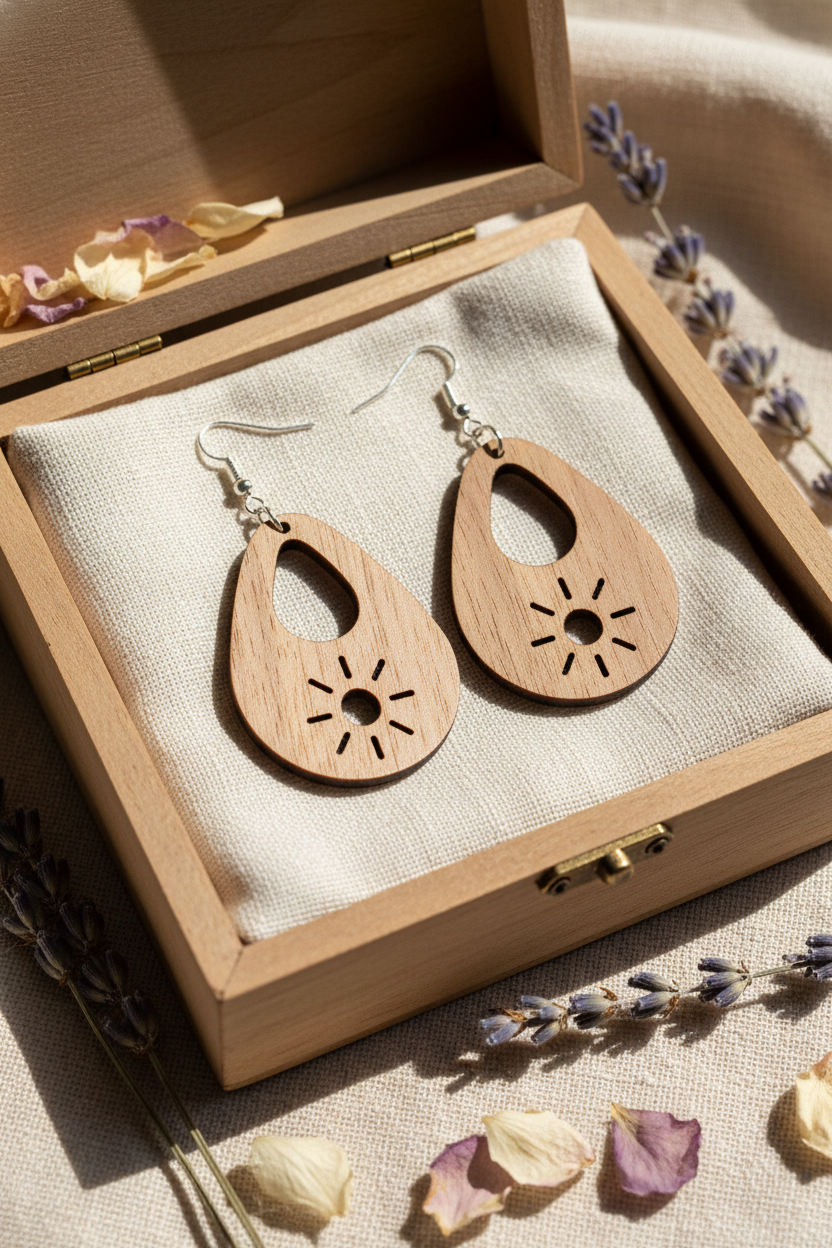 Walnut Veneer Teardrop Earrings with Sun & Teardrop Cutouts • Boho Wooden Drop Earrings • Lightweight Walnut Dangle Jewellery