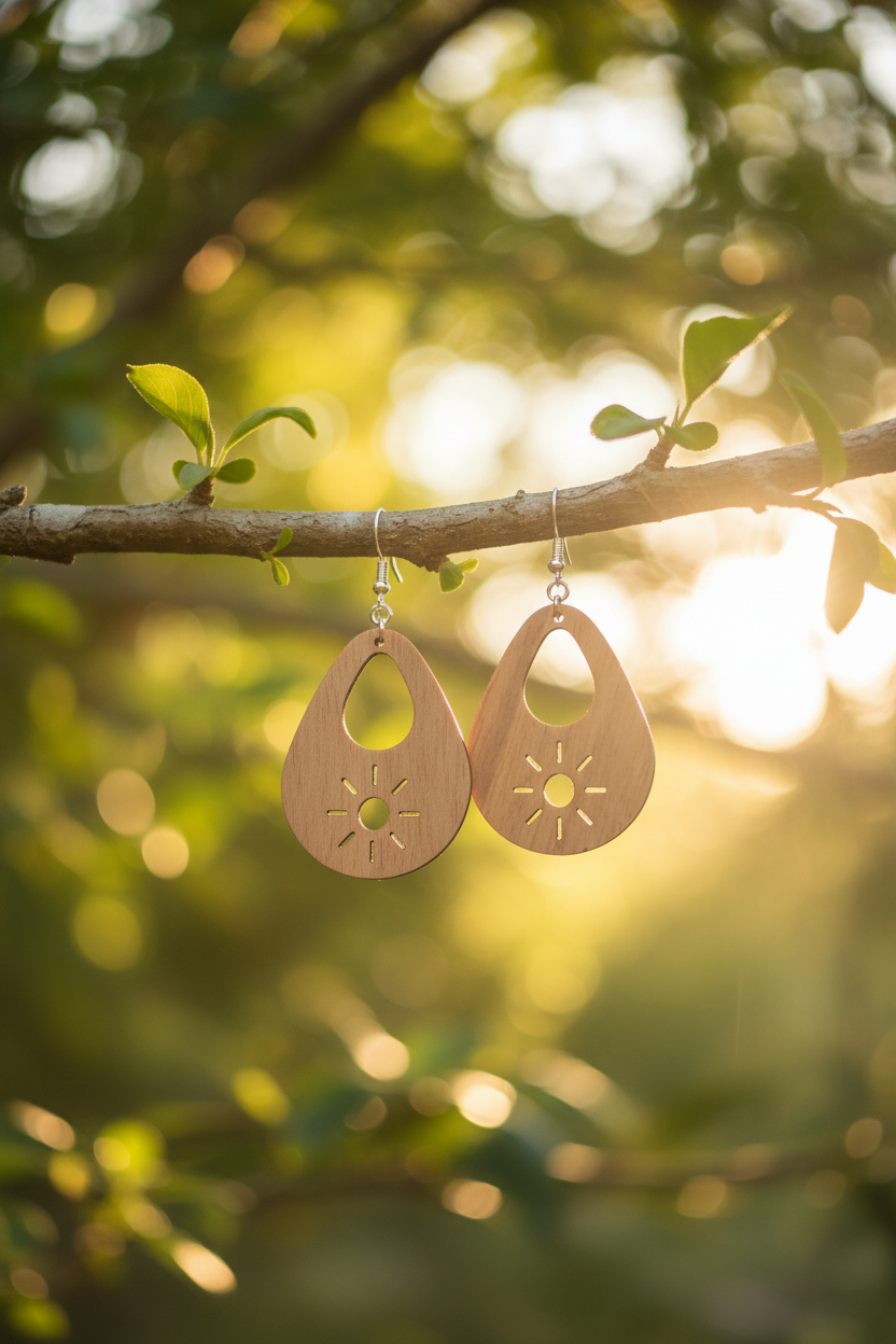 Walnut Veneer Teardrop Earrings with Sun & Teardrop Cutouts • Boho Wooden Drop Earrings • Lightweight Walnut Dangle Jewellery