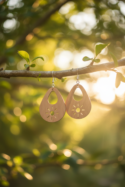 Walnut Veneer Teardrop Earrings with Sun & Teardrop Cutouts • Boho Wooden Drop Earrings • Lightweight Walnut Dangle Jewellery