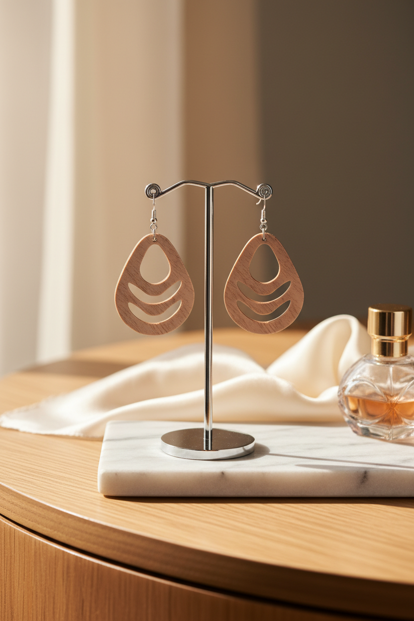 Walnut Veneer Teardrop Earrings with Wave Cutouts • Boho Wooden Drop Earrings • Lightweight Walnut Dangle Jewellery