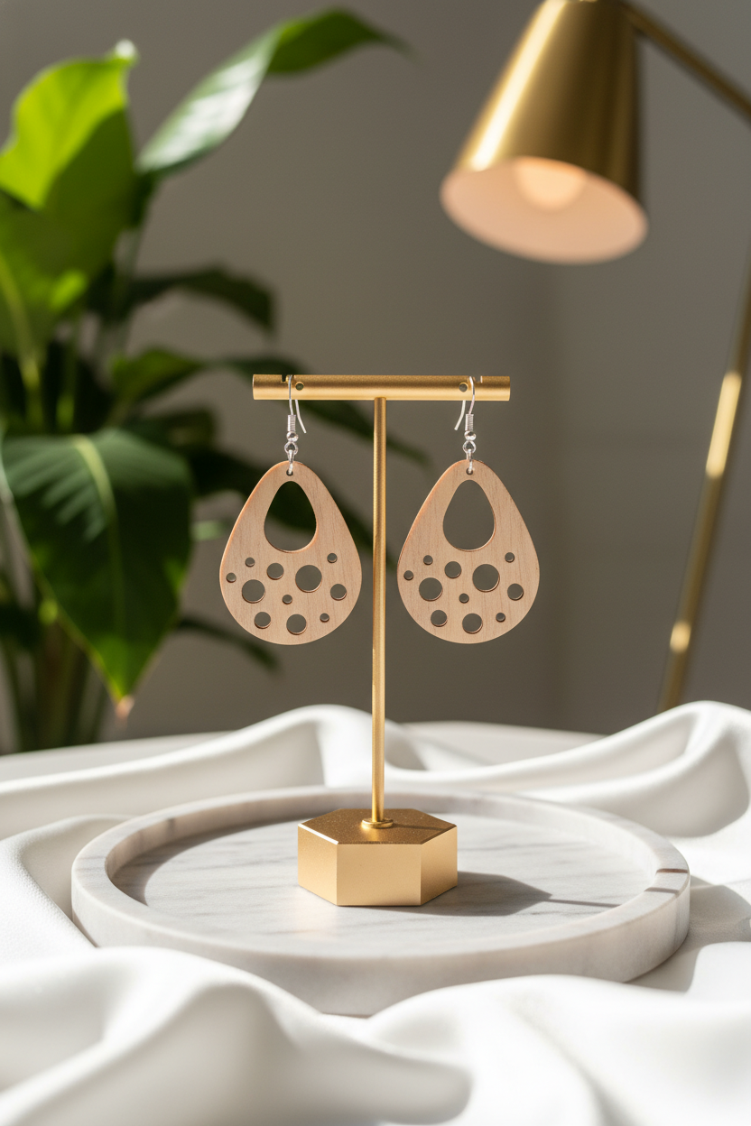 Walnut Veneer Teardrop Earrings with Bubble Cutouts • Boho Wooden Drop Earrings • Lightweight Walnut Dangle Jewellery