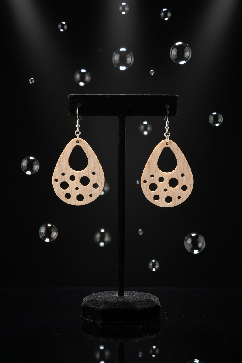 Walnut Veneer Teardrop Earrings with Bubble Cutouts • Boho Wooden Drop Earrings • Lightweight Walnut Dangle Jewellery
