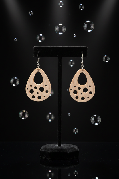 Walnut Veneer Teardrop Earrings with Bubble Cutouts • Boho Wooden Drop Earrings • Lightweight Walnut Dangle Jewellery