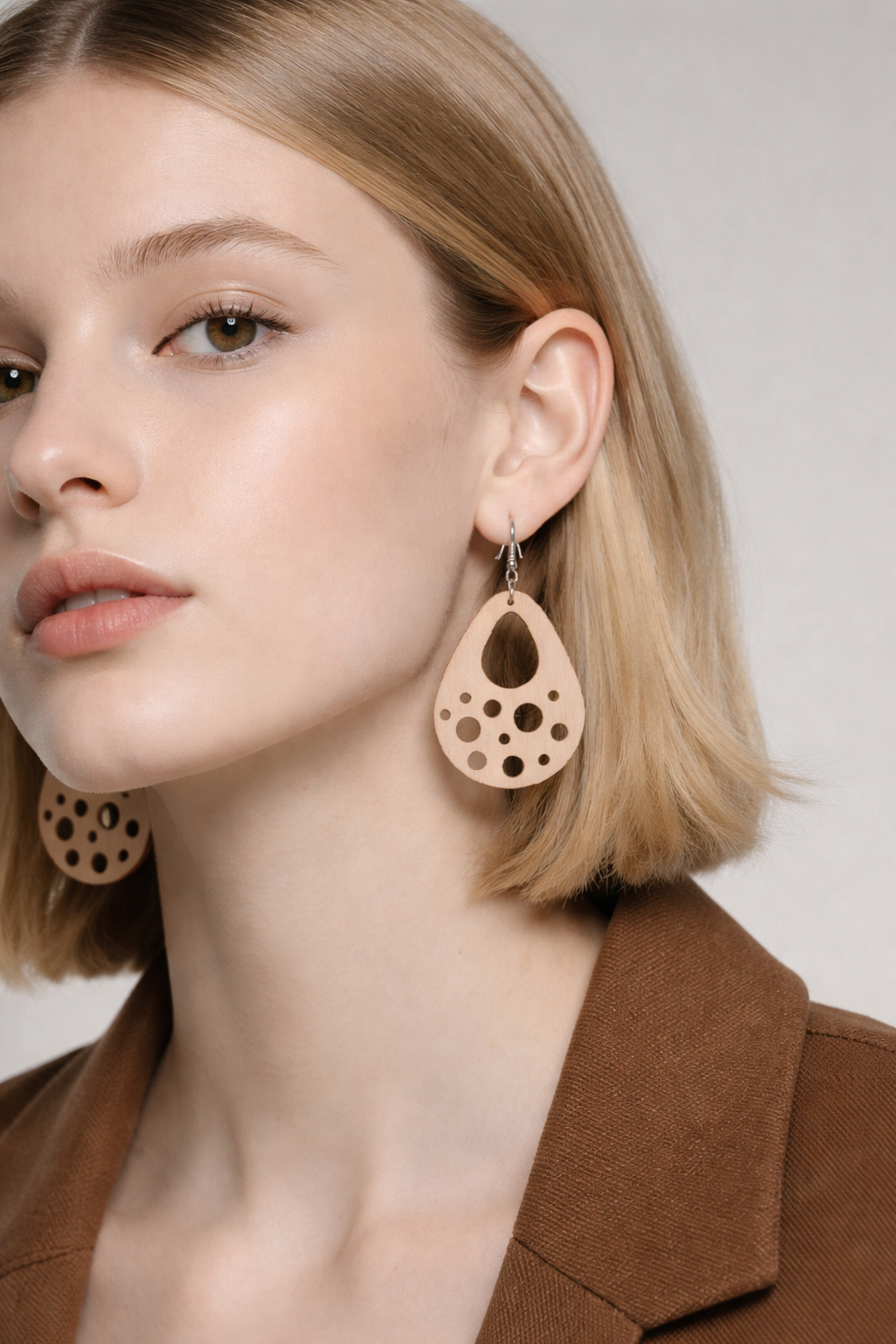 Walnut Veneer Teardrop Earrings with Bubble Cutouts • Boho Wooden Drop Earrings • Lightweight Walnut Dangle Jewellery