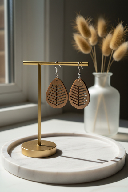 Walnut Veneer Teardrop Earrings with Leaf Cutout Pattern • Boho Wooden Drop Earrings • Lightweight Walnut Dangle Jewellery