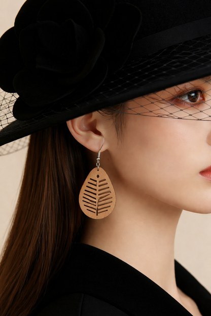 Walnut Veneer Teardrop Earrings with Leaf Cutout Pattern • Boho Wooden Drop Earrings • Lightweight Walnut Dangle Jewellery