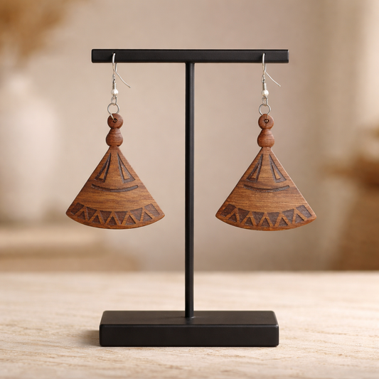 Walnut Veneer Earrings – Laser‑Cut Mokorotlo Hat Design, Hand‑Finished Wooden Dangles