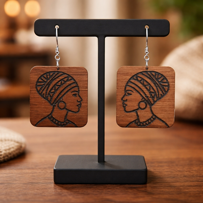 Walnut Veneer Earrings – Laser‑Cut African Woman Design, Square Wooden Dangles