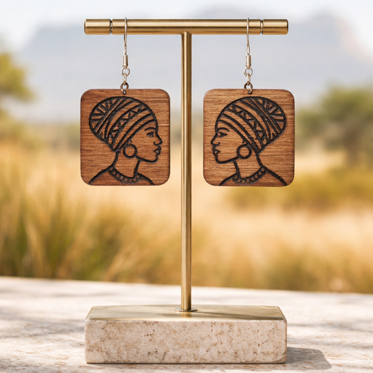 Walnut Veneer Earrings – Laser‑Cut African Woman Design, Square Wooden Dangles