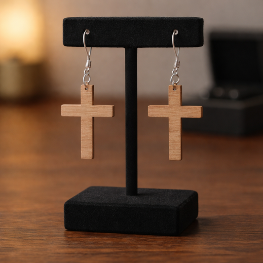Walnut Veneer Earrings – Laser‑Cut Cross Design, Wooden Dangle Pair