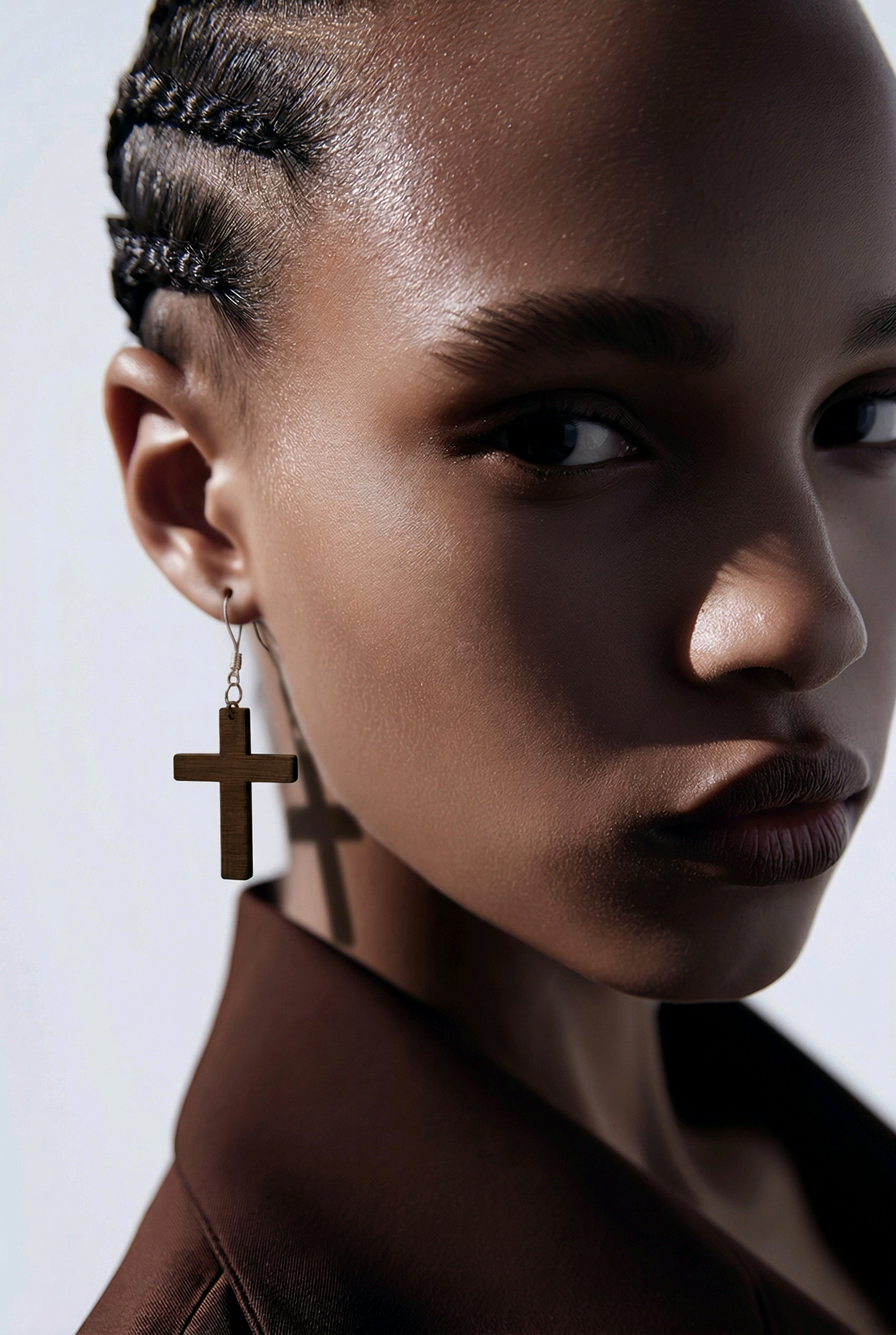 Walnut Veneer Earrings – Laser‑Cut Cross Design, Wooden Dangle Pair