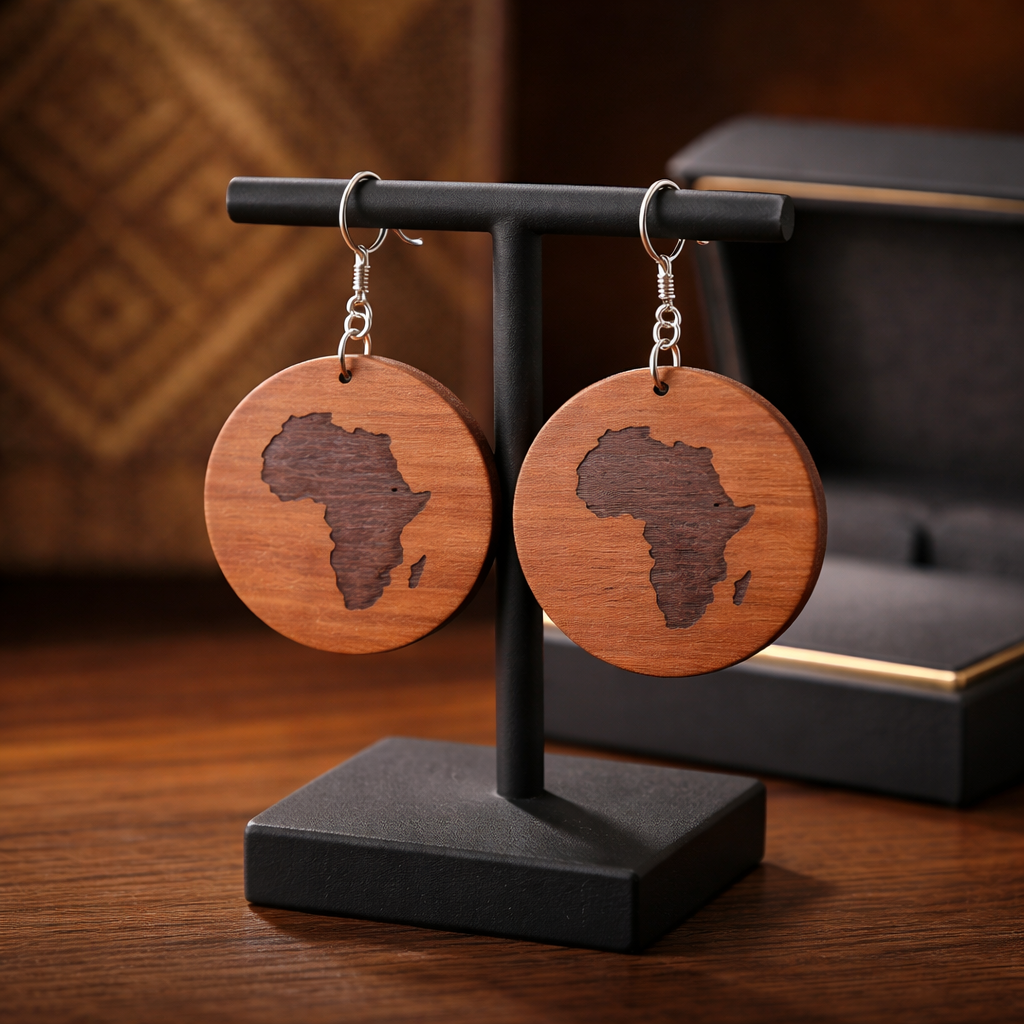 Walnut Veneer Earrings – Engraved Africa Map, Round Wooden Dangles