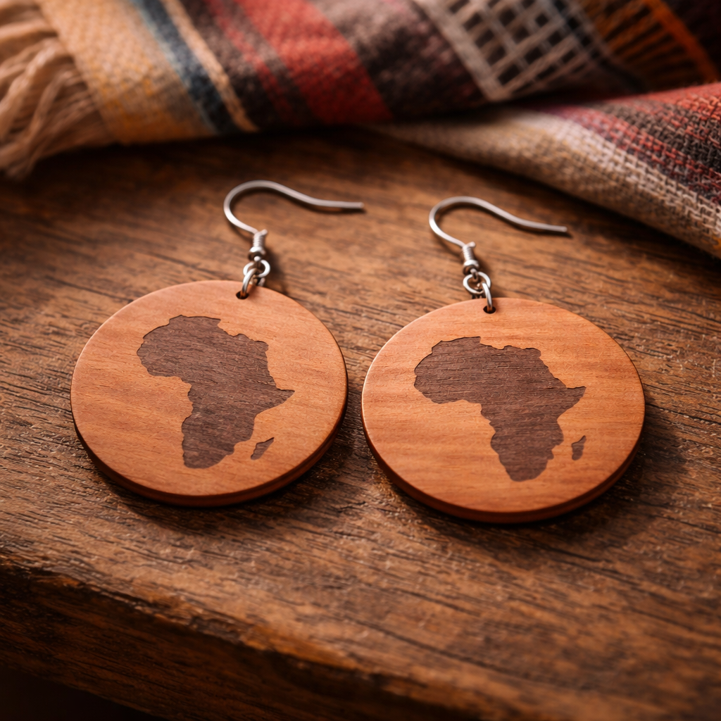 Walnut Veneer Earrings – Engraved Africa Map, Round Wooden Dangles