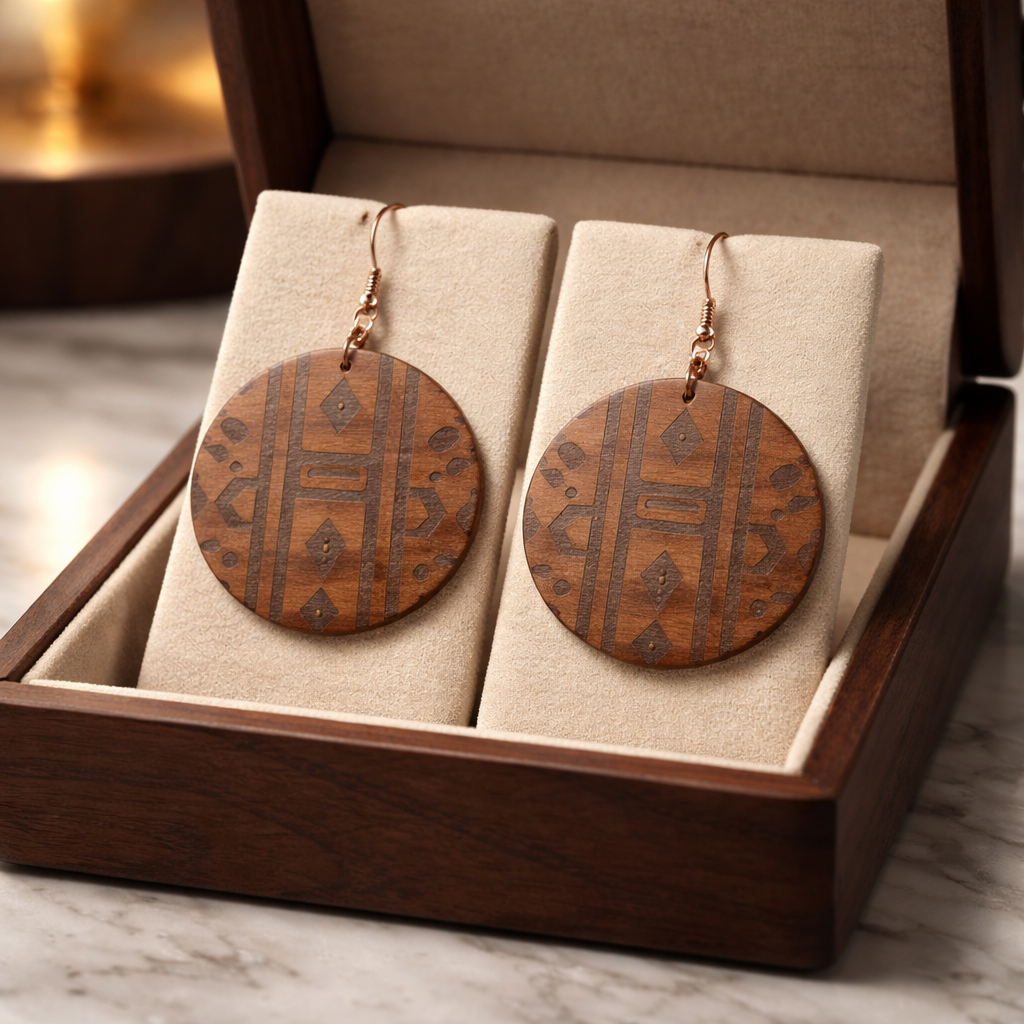 Walnut Veneer Earrings – Engraved African Pattern, Round Wooden Dangles