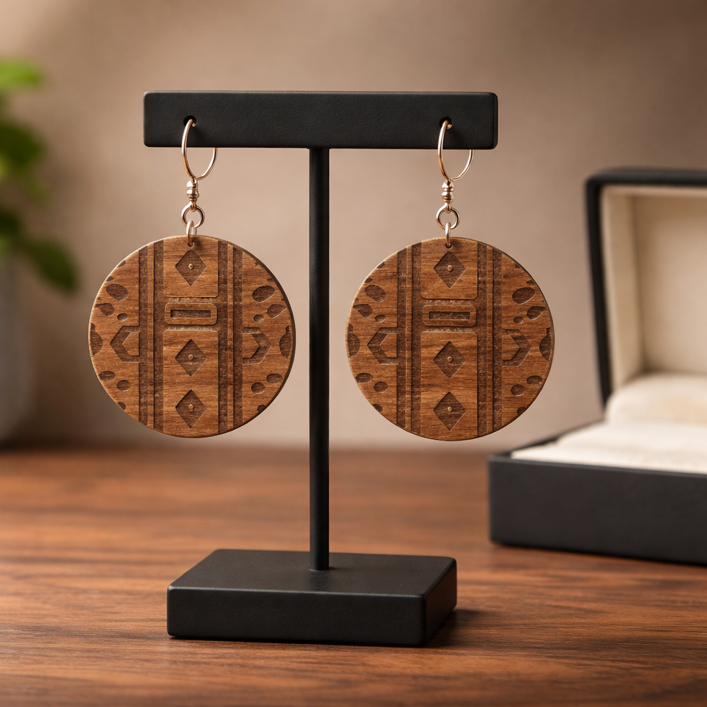Walnut Veneer Earrings – Engraved African Pattern, Round Wooden Dangles