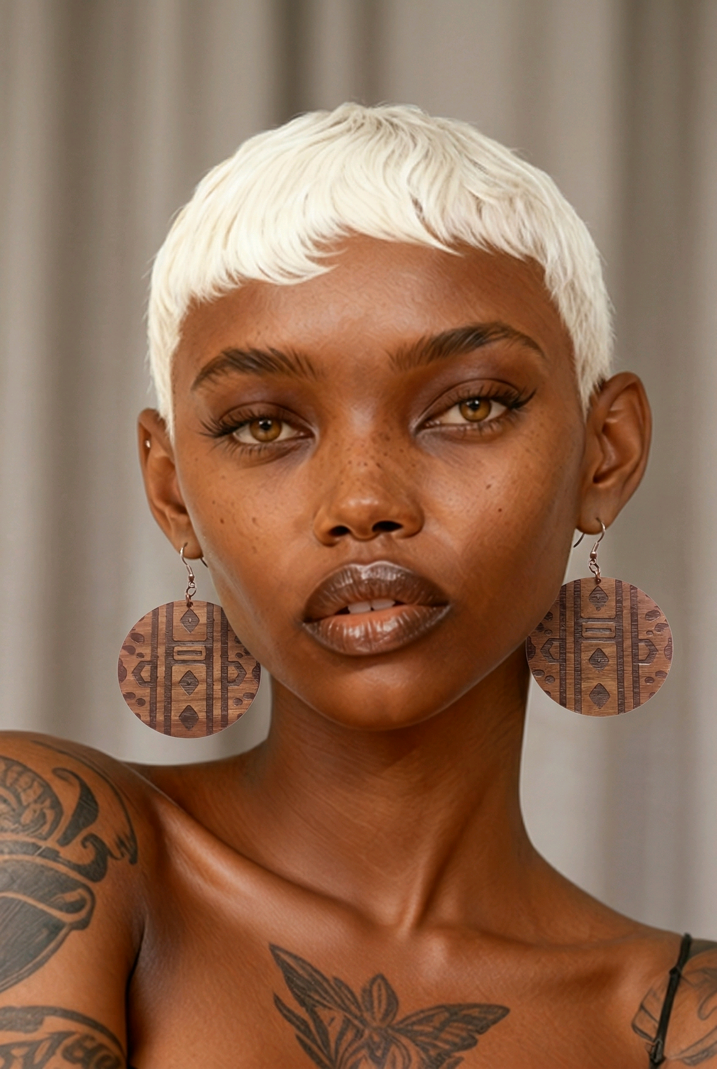 Walnut Veneer Earrings – Engraved African Pattern, Round Wooden Dangles