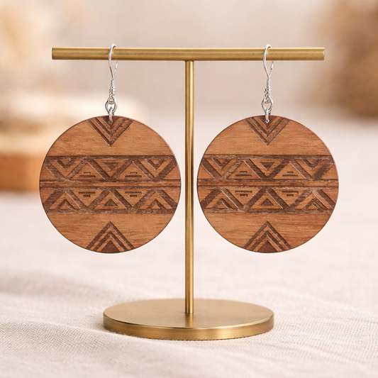 Walnut Veneer Earrings – Geometric African Pattern, Round Wooden Dangles