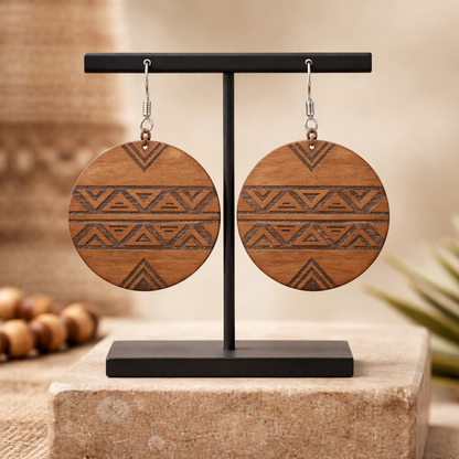 Walnut Veneer Earrings – Geometric African Pattern, Round Wooden Dangles