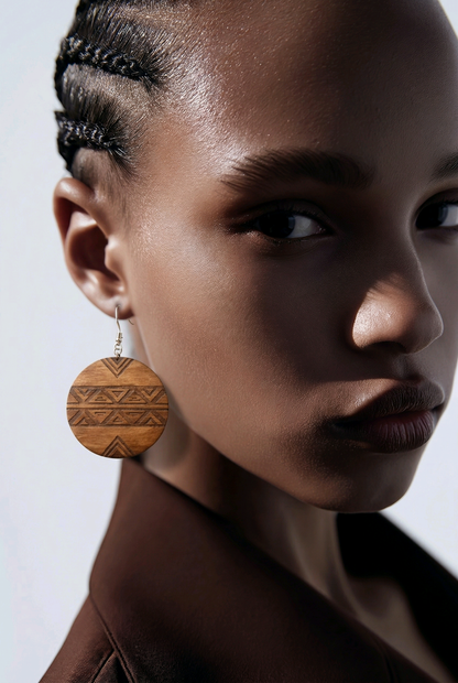 Walnut Veneer Earrings – Geometric African Pattern, Round Wooden Dangles