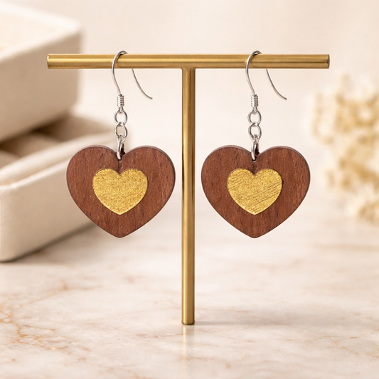 Walnut Veneer Earrings – Engraved Inner Heart Design, Heart‑Shaped Wooden Dangles
