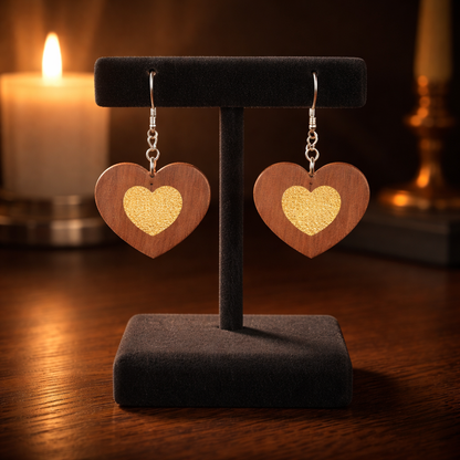 Walnut Veneer Earrings – Engraved Inner Heart Design, Heart‑Shaped Wooden Dangles