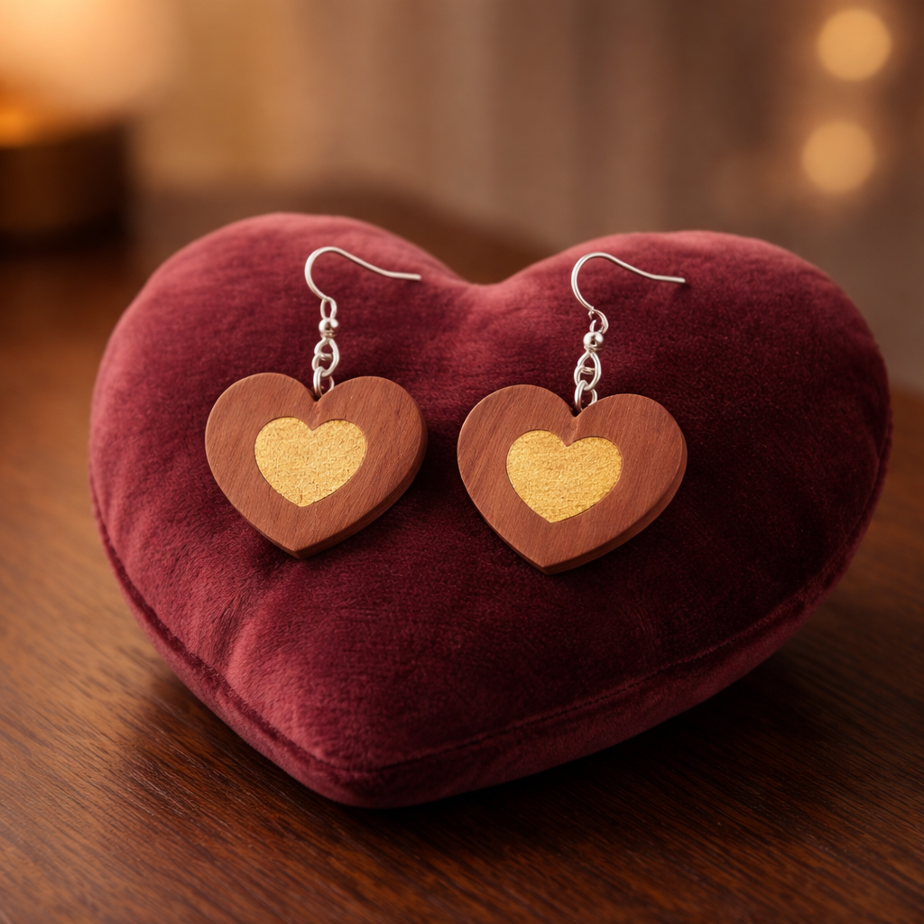 Walnut Veneer Earrings – Engraved Inner Heart Design, Heart‑Shaped Wooden Dangles
