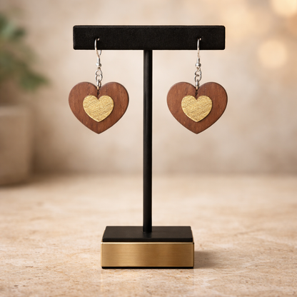 Walnut Veneer Earrings – Engraved Inner Heart Design, Heart‑Shaped Wooden Dangles