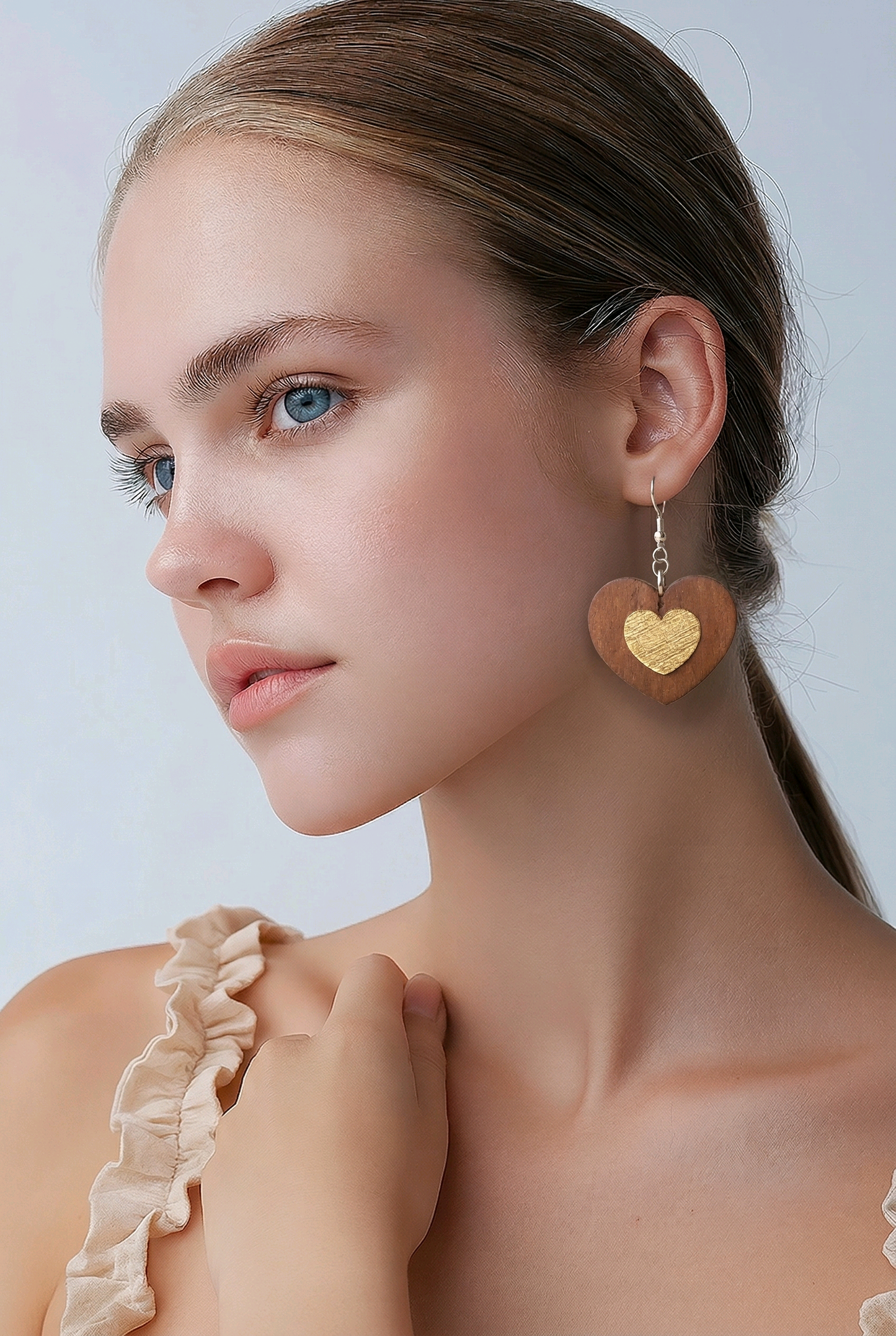 Walnut Veneer Earrings – Engraved Inner Heart Design, Heart‑Shaped Wooden Dangles