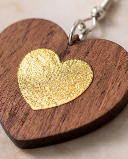 Walnut Veneer Earrings – Engraved Inner Heart Design, Heart‑Shaped Wooden Dangles