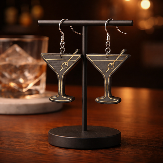 Walnut Veneer Earrings – Martini Glass Cocktail Design, Wooden Dangles