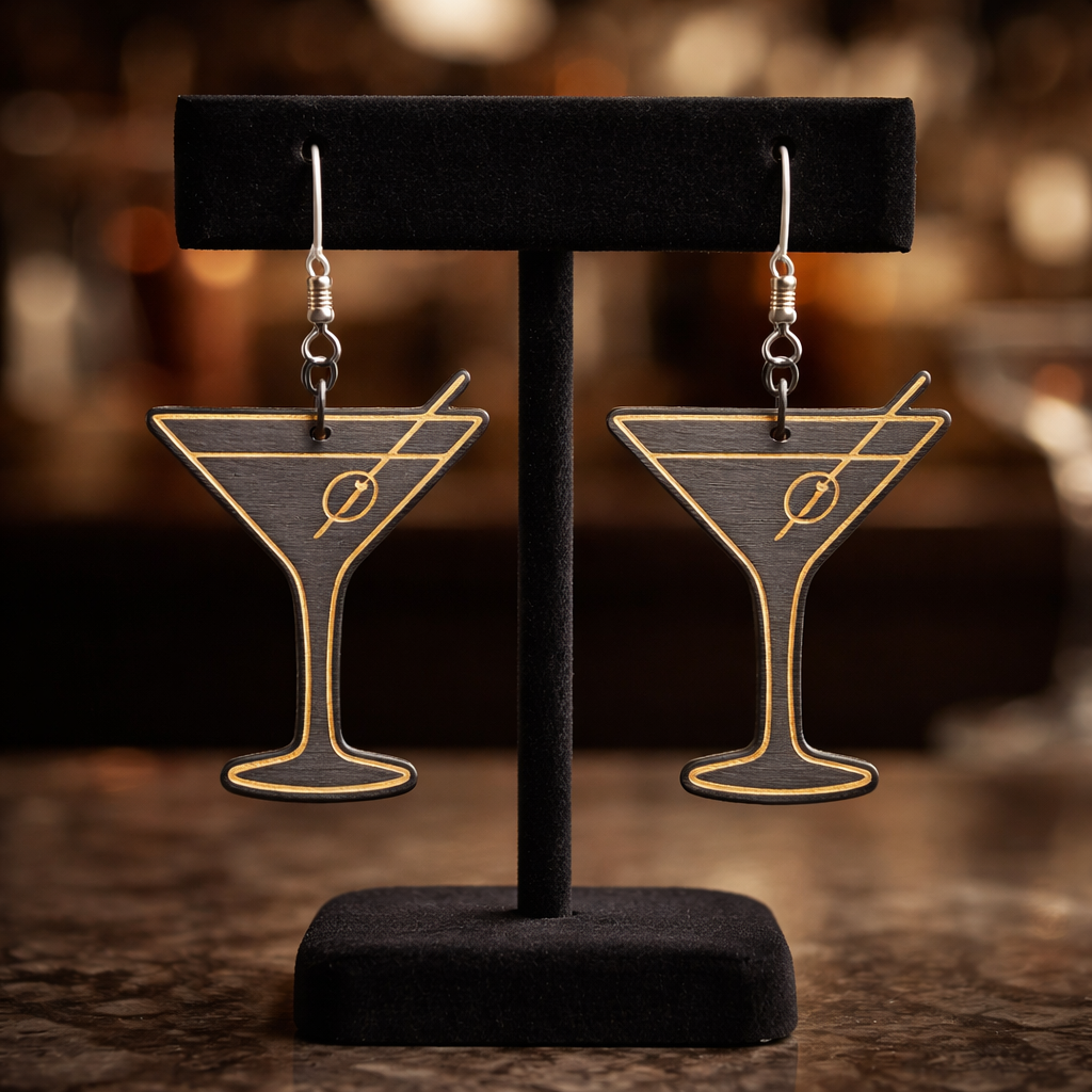 Walnut Veneer Earrings – Martini Glass Cocktail Design, Wooden Dangles