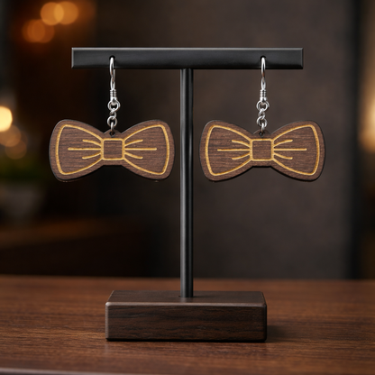 Walnut Veneer Earrings – Engraved Bow Design, Wooden Dangles