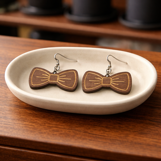 Walnut Veneer Earrings – Engraved Bow Design, Wooden Dangles