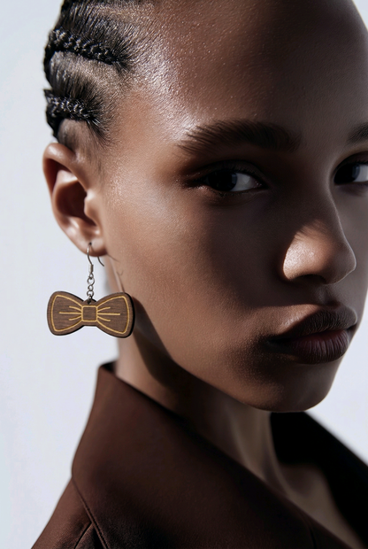Walnut Veneer Earrings – Engraved Bow Design, Wooden Dangles