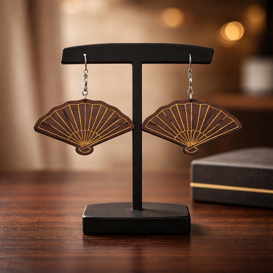 Walnut Veneer Earrings – Traditional Hand Fan Design, Wooden Dangles